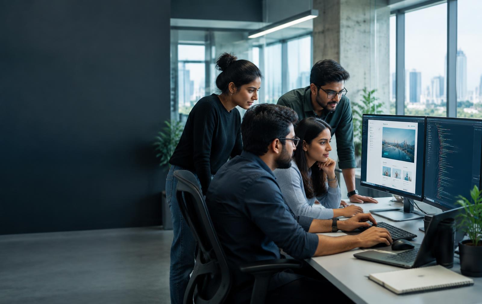 Illustrative photograph of a software team reviewing a website design